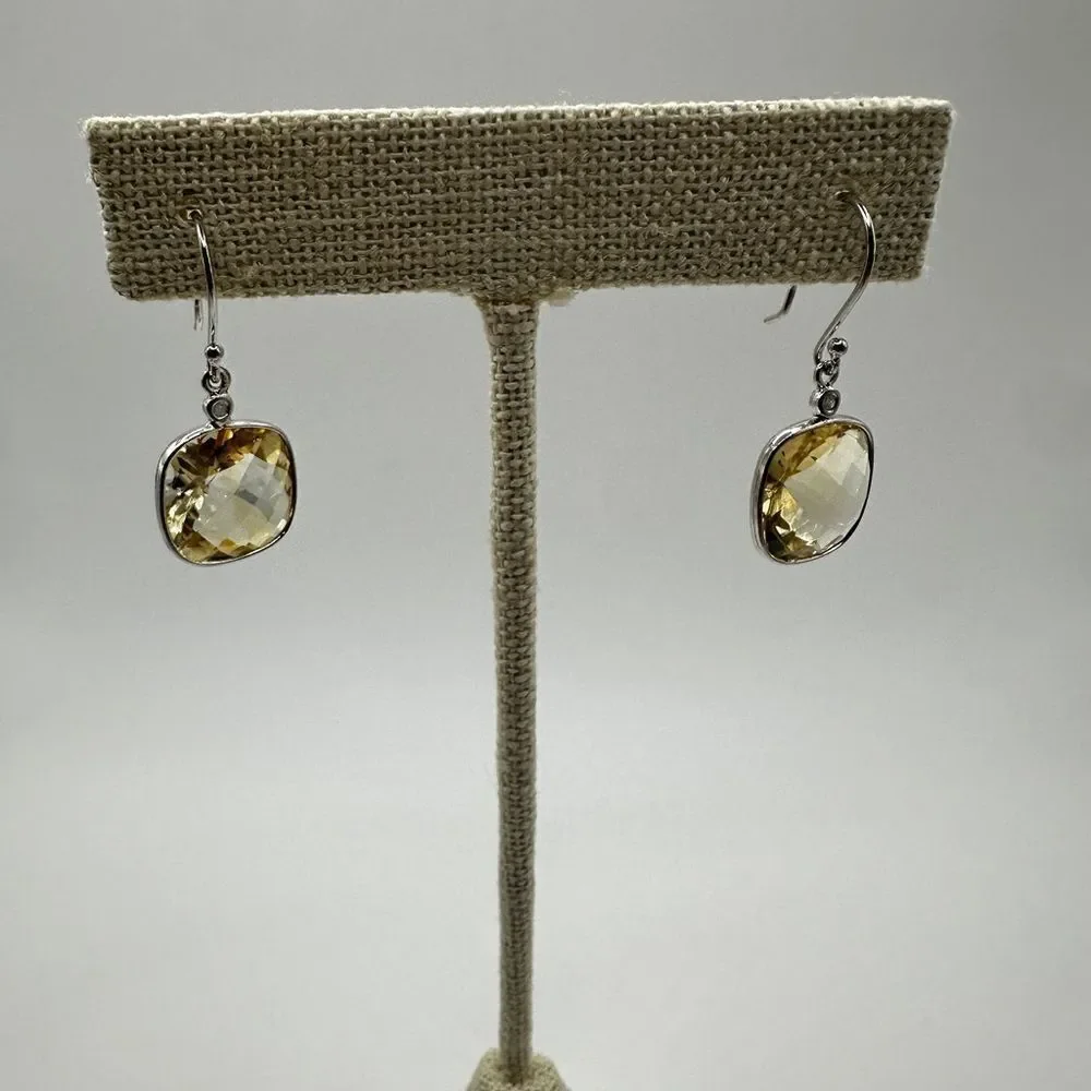 7.11cts faceted checkerboard cushion cut citrine on 925‎ dangle earrings!